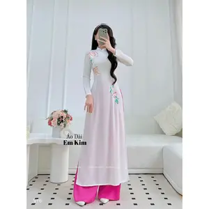 White Ao Dai with Peach Embroidered Set |Traditional Ao Dai V16 | Ao Dai for Women| Lunar New Year | Ao Dai Viet Nam