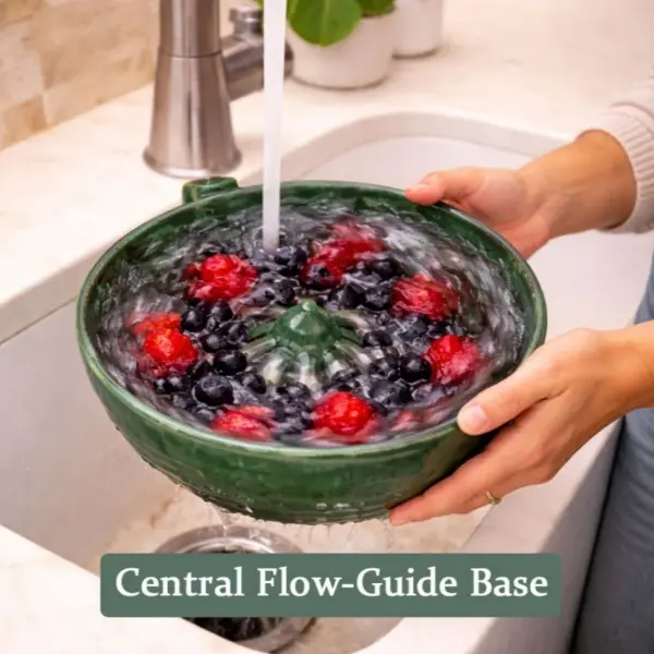 Berry Swirl Bowl, Ceramic Fruit Washing Bowl with 360° Automatic Swirl Rinsing & Quick Drainage, Self-Rinsing Berry Washer for Blueberries Strawberries Grapes, Multi-Use Kitchen Counter Decor, Unique Housewarming Gift