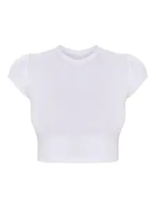 Women's White Crop Top with Round Neck - High Quality, Comfortable Stretch Cotton
