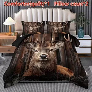 3-Piece Wood Grain Deer Pattern Bedding Set - Soft, Lightweight, Breathable Bedding with 200gcm Quilted Filler, Includes 1 Quilt and 2 Pillowcases (excluding Pillow Core) Suitable for Bedroom, Guest Room, Dormitory Exclusive Decoration