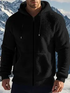 fall outfits Men's autumn and winter hooded lambskin coat, warm and stylish, with a zipper design for easy putting on and taking off. The soft and skin-friendly plush texture makes it easy to create a fashionable, casual and trendy men's style