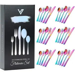 Rainbow Silverware Set Flatware Cutlery - 30 count Stainless Steel Colorful Utensils, Tableware Set Service for 6, Include /Fork/Spoon, , Mirror Polished, Dishwasher Safe