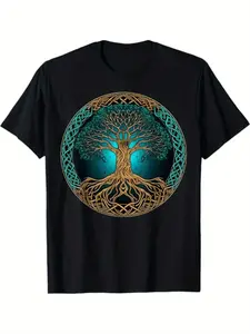 Men's Viking Celtic Tree of Life T-Shirt - 100% Cotton Norse Mythology Tee with Golden Yggdrasil Rune, Casual Crew Neck Short Sleeve for all-Season, Celtic Heritage Apparel
