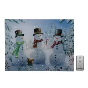 LumaBase Battery-Operated Lighted Wall Art - Cheerful Snowmen Full Color Printed Canvas with 40 LED Lights & Remote Control for Indoor Home Decor