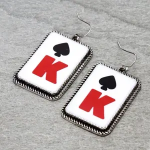 Western Spade King Rectangle Dangle Earrings - Unique Design with Bold Red 'K' and Black Spade Symbol