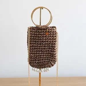 Light Brown Crochet Handbag - Handmade elegant purse with detachable gold chain and pearl details