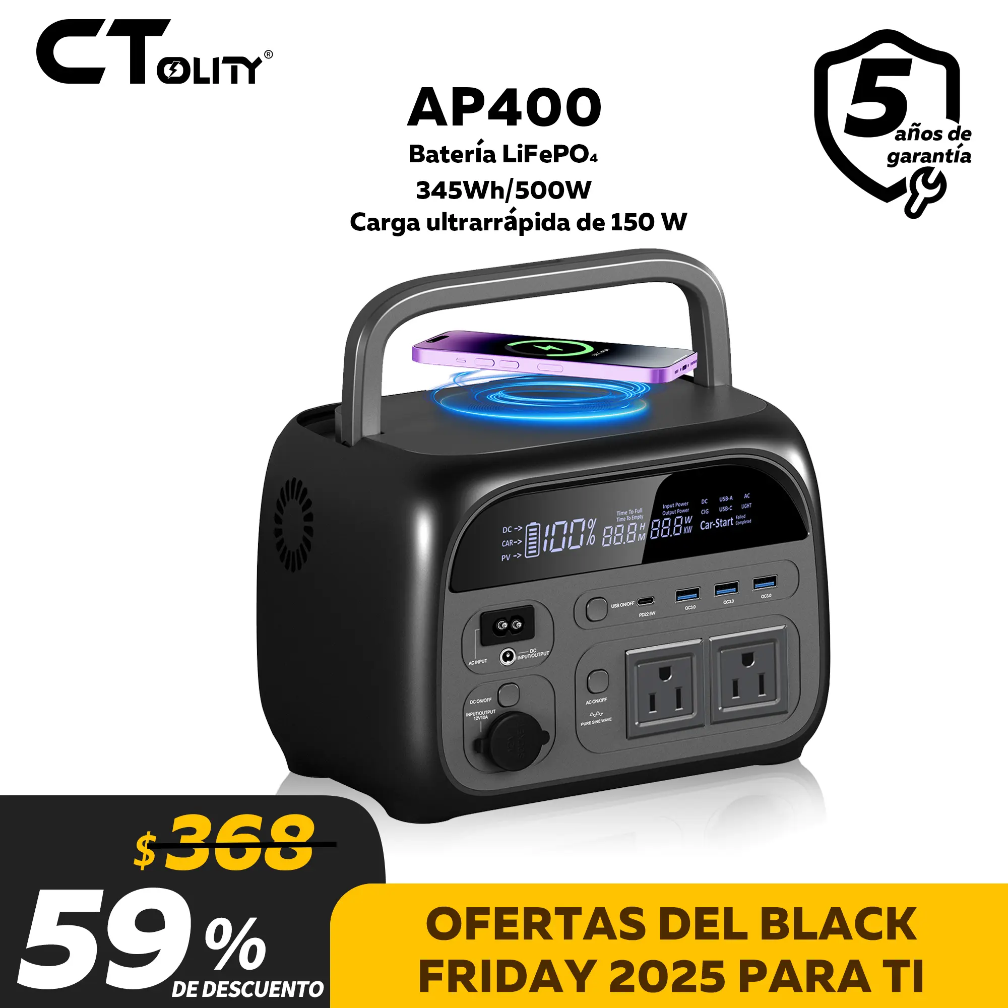 CTOLITY AP400 500W Portable Power Station with 345Wh LiFePO4