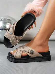 Women's Fashionable Studded Decor Slides, Lightweight Breathable Comfortable Slippers, Casual Versatile Slides for Summer, Walking Shoes, Bohemian Sandals