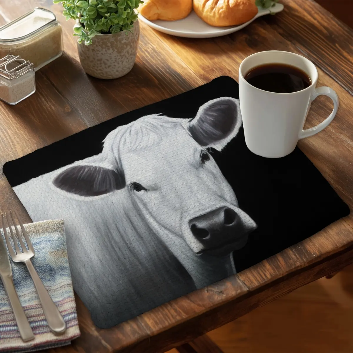 White Cow Braided Polyester Rectangular Placemat (14x18"), 360-Stand, Durable Easy-Clean Tableware for Modern Monochrome Home Decor, Indoor Solid Protective Accent (Model CBPM1418BS9U5O), Rectangle