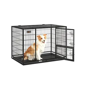 Feandrea  Heavy Duty Dog Crate, Metal Escape Proof Dog Kennel with Double Doors and Convenient Feeding Door, Removable Tray, Easy to Clean, XXL Dog Crate for Large and Medium Dogs