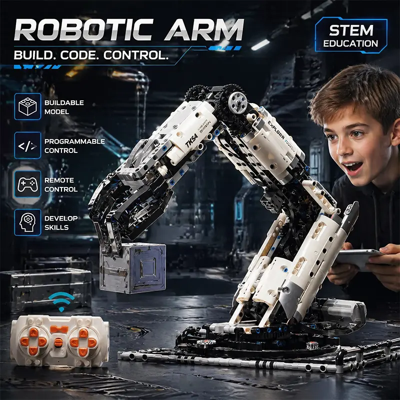 Programmable Electric Remote-Controlled Robotic Arm Construction Building Blocks Kit - Assembly Bricks, Do It Yourself, Built Not Bought, Hands-Eye Coordination Training, Boys' Birthday Gift