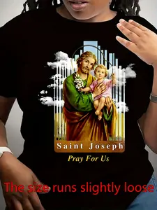 Women's Saint Joseph Religious T-Shirt - Short Sleeve Crew Neck Casual Top with Saint Joseph Graphic Print, Relaxed Fit Suitable for All-Season Wear, Faith-Based Apparel for Church, Casual Attire & Gifts