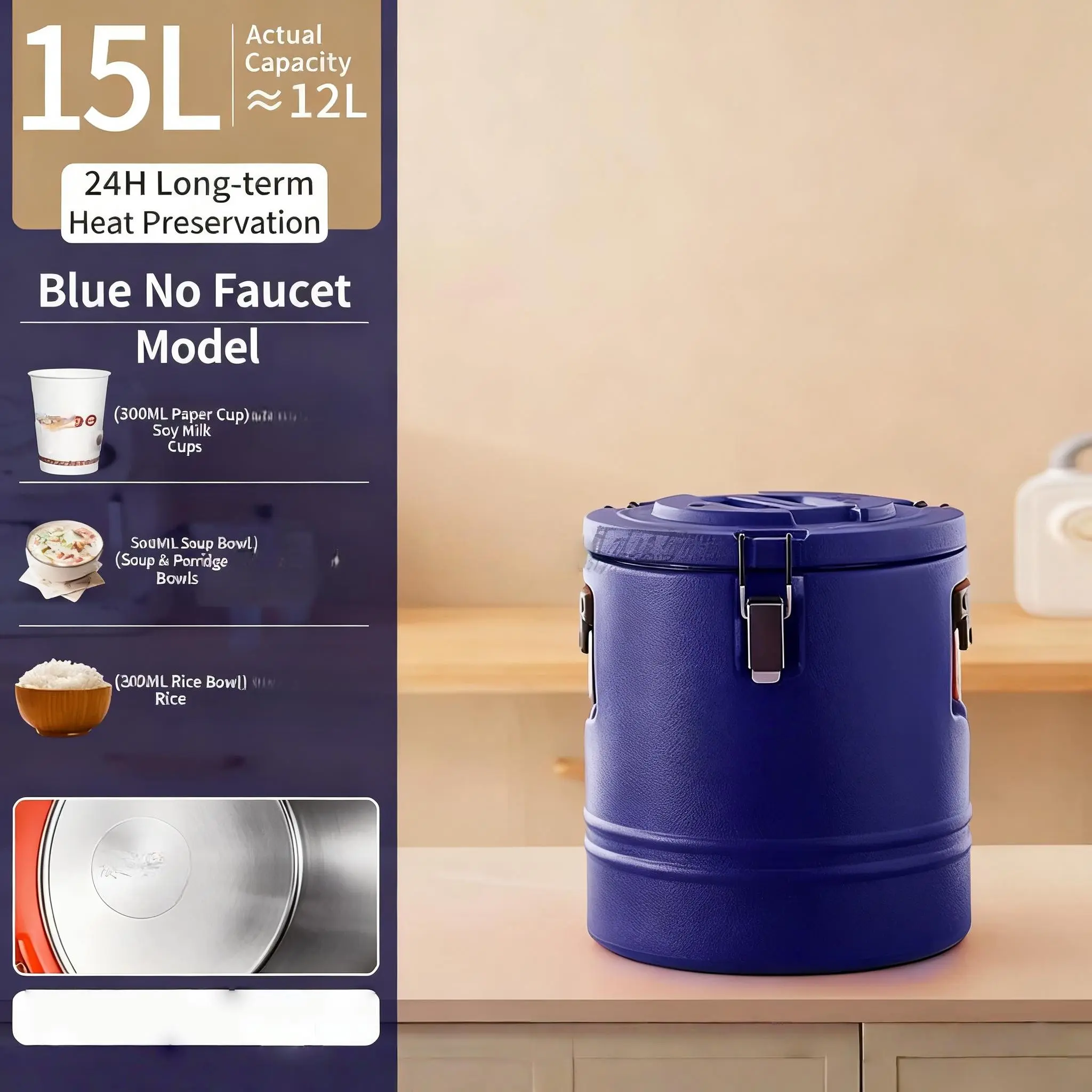 16QT Insulated Food Container Stainless Steel Thermal Bucket with Locking Lids for Soup Stew Beverage Hot Cold Temperature Retention Outdoor Red/Brown/Blue Durable Lunch Box, Lunch Containers, Non-Leaky Lunch Boxes