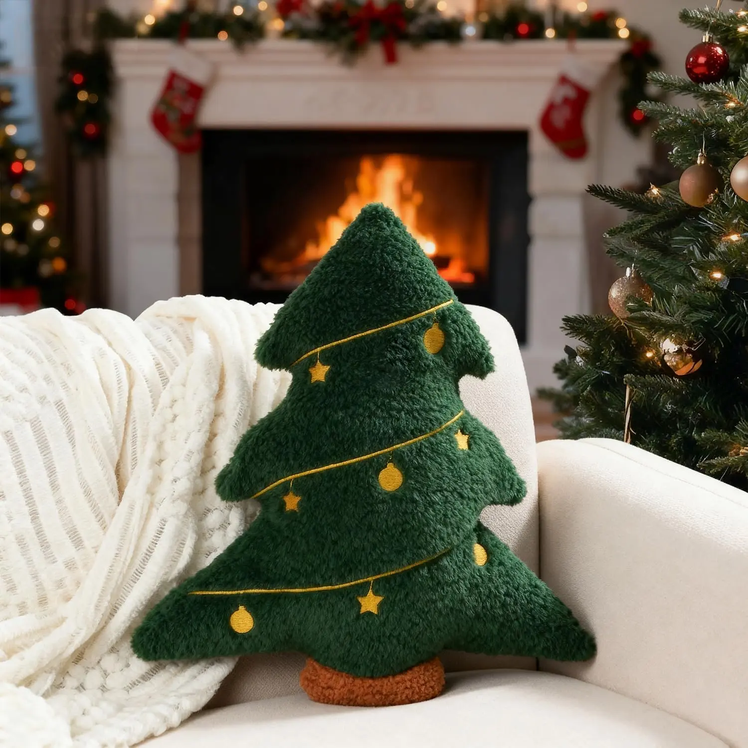Christmas Pillow, Decorative Christmas Tree Pillow Stuffed Tree Shaped Embroidered  Ball Bedroom Xmas Plush for Party  Decorations 15.5" x 14.5" Green