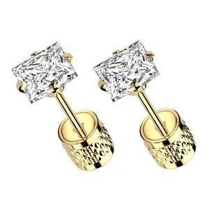 Gold PVD Square Clear CZ Stainless Steel Textured Cylinder Back Stud Earrings