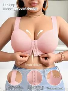 1PC Women's Plus Size Plain Front Hook Buckle Bra, Shell Pattern Patchwork Decor, One-Piece Wide Shoulder Straps, Removable Pads, No Underwire