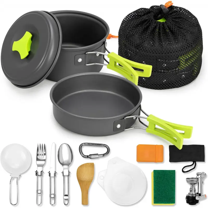 15pcs Aluminum Alloy Camping Cookware Mess Kit - Non-Stick, Lightweight Pots Set with Compact Fold Design, Mesh Bag Pack for Portable Outdoor Meals, Camping Backpacking, Windproof Stove