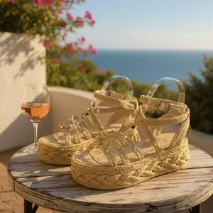 YRMODA Women's Jute Ankle Platform Sandals - Jute Upper, 5cm Rope-Detailed Braided Sole, Round Toe, Handcrafted Natural Eco-Friendly Plain Shoes, Elegant Boho Design for Summer Casual Outfits