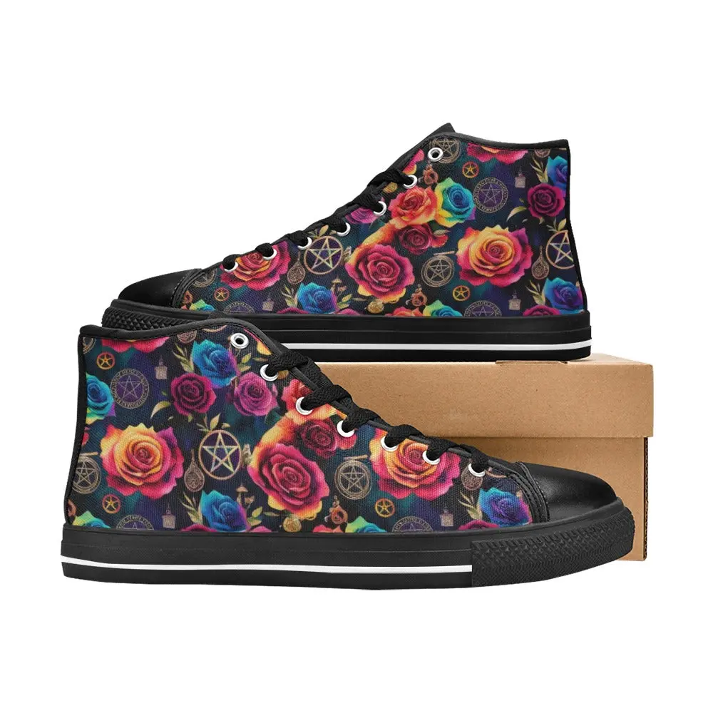 Custom Everyday Casual Gothic Ocuult Rainbow Pentagram and Rose Athletic High Top Canvas Shoes for Women