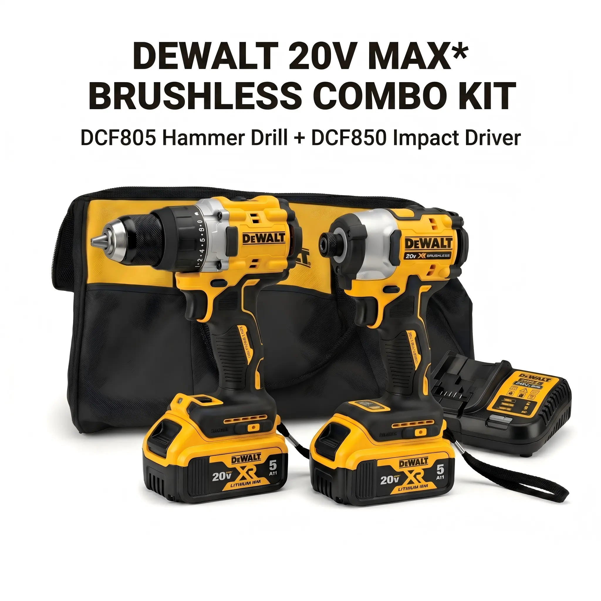 DEWALT DCF805 & DCF850 Brushless Cordless Drill Driver & Impact Driver Combo Kit, Work Tools for DIY Users, High Torque, Variable Speeds, Li-Ion Battery, Reverse Function, Wrench for Drilling Tasks repair industrial job site