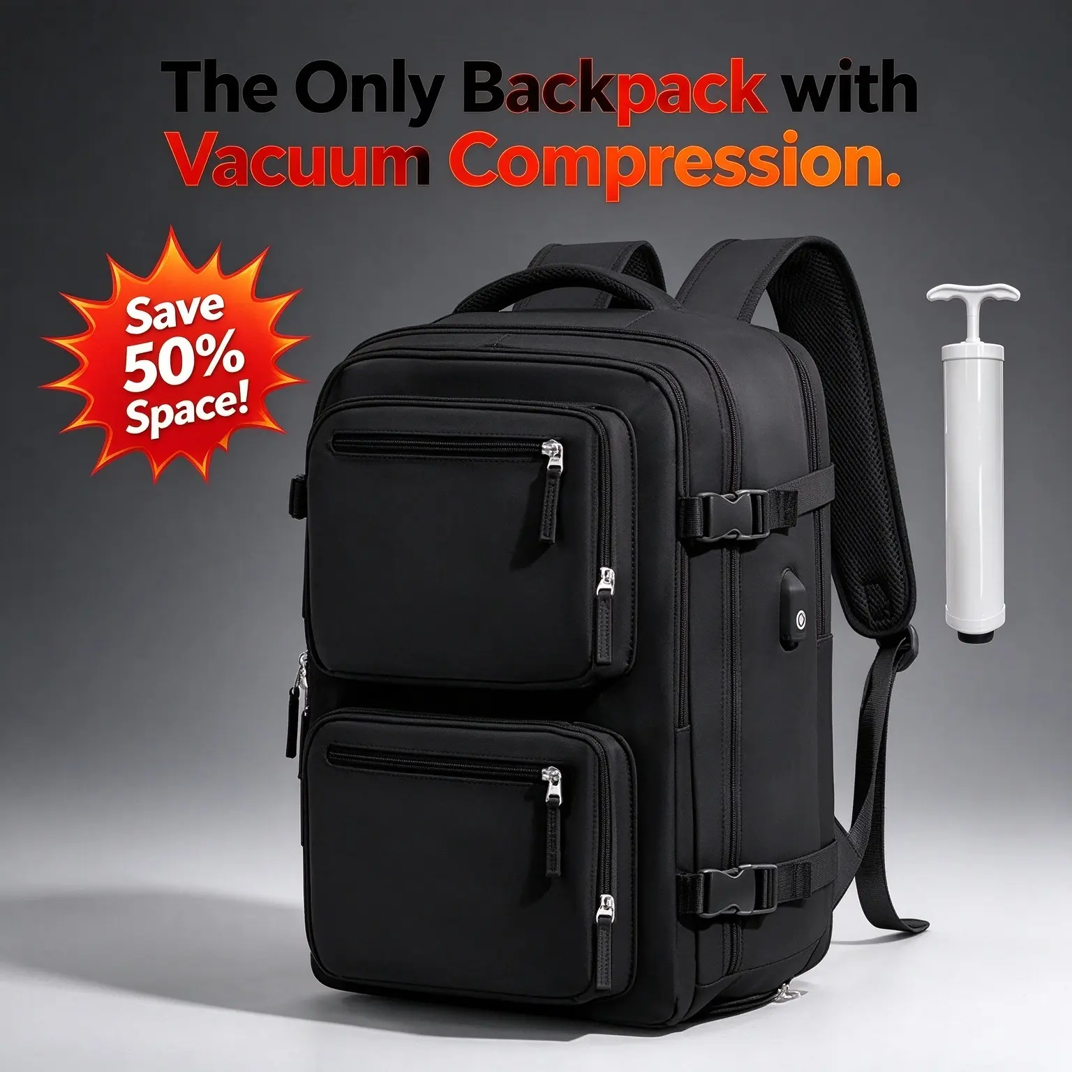 Vacuum Compression Travel Backpack with Manual Pump, USB Charging Port, TSA Carry-On Laptop Compatibility, Water Resistance & Multi-Pockets for Business Trips, Hiking draw string bag