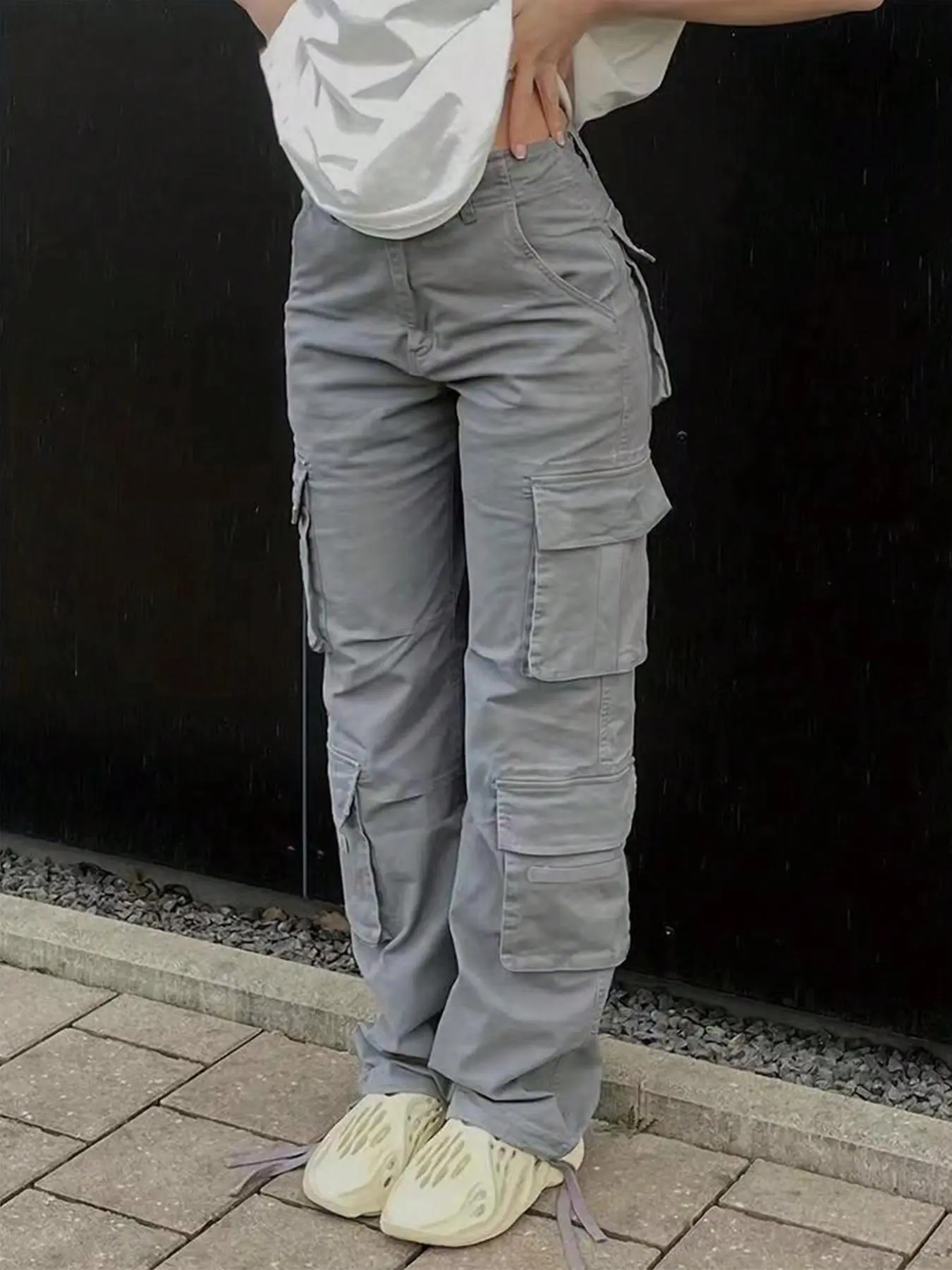 Women's Plain Basic High Waist Vintage Fashion Button Drawstring Cargo Pants, Casual High Waisted, Casual Streetwear Pocket Design Trousers for Fall & Winter, Ladies Bottoms for Daily Wear, Baggy Pants, Womenswear