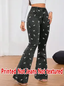 Women's Butterfly Print Bell Bottom Pants, Non-Denim Fabric, Long Pants, Casual Fashion, All Seasons Wear, Comfortable and Stylish