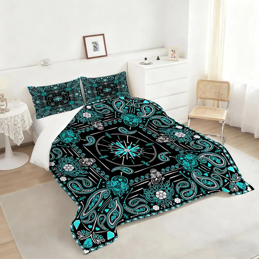2/3Pcs Gothic Floral Sugar Skull Comforter Set, Printed Bedding Set, Bold Bandana Print Bedding Set, Teal and White Quilt Bedspread Set for Bedroom Decor, Perfect for Day of the Dead & Western Style Interiors 1 or 2 Pillowcase No Pillow Core