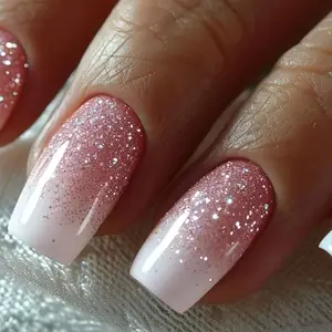 24pcs Short Square Press-On Nails, French Tips Nails, French Gradient Glitter, Glitter Decorative Nails, Glittering Fake Nails, Glossy Finish, Reusable Nail Art for Parties and Daily Wear, Glossy False Nails