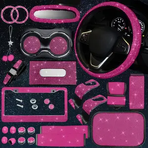 25pcs Bling Car Parts Set  Female Plug Universal 15 Inch Shiny License Plate Frame Center Console Cover And Rearview Mirror Other Accessories(rose Pink)