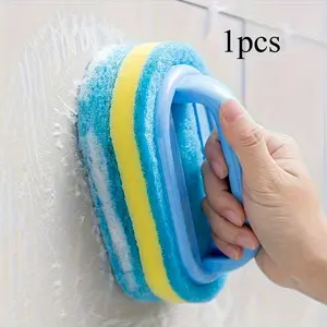 1pc Dual-Color Handheld Sponge Scrubber – Blue & Yellow Striped Cleaning Brush for Bathroom, Kitchen, and Tile – Ergonomic Handle for Easy Grip – Ideal for Pots, Pans, and Stains – Versatile Manual Cleaning Tool, Bathroom Cleaning Tools