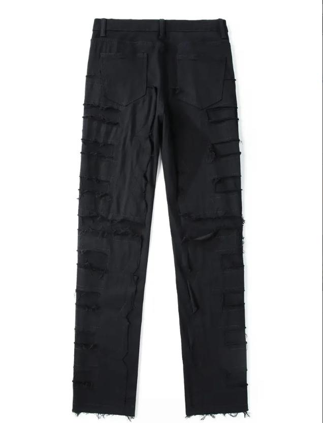 Viral All Black Extreme Distressed Ripped Jeans Fringe for Men Torn Heavy Destroyed Denim Pants Streetwear Trending