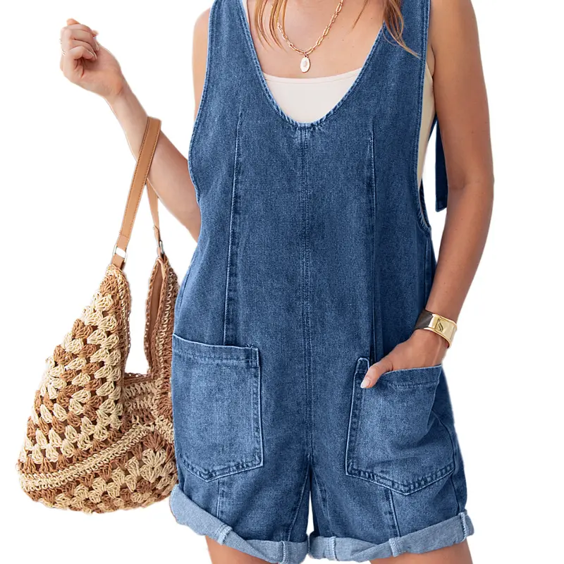 BerryGo Women's Overalls for Women - S V-Neck Sleeveless Fitted Cotton Denim Shorts Romper, Stretchy 5% Spandex, Chic Cute Party Vintage Built-In Pocket Summer Casual Outfit