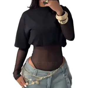 Sexy Mesh Bodysuit & Short Sleeve T-Shirt 2-Piece Set Women's Lingerie Tops Lace Underwear Y2K Womenswear Clubwear