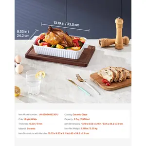 VEVOR Ceramic Baking Dish, Large 9x 13 Pan, Rectangular Bakeware with Double Handles, Oven Secure, Lasagna Pan, Casserole Dish Deep for Baking and Serving, Thanksgiving Christmas Present, White