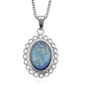 Lab Created Blue Opal Ocean Heart Halo Pendant Necklace 20-22 Inches in Stainless Steel