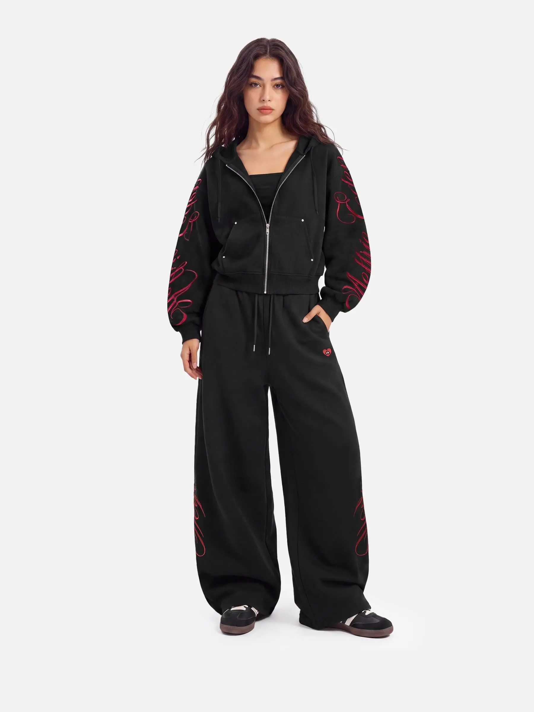 Aelfric Eden Boxy Embroidery 2 Piece Tracksuit Set High Waist Red Gothic Script Embroidery Detail Boxy Cropped Zip Up Hoodie + Baggy Wide Leg Sweatpants Soft Fabric Y2K Streetwear Unisex Two Piece Outfit, Tracksuit Sweat Suits, Sweatsuit Sets, Sportswear