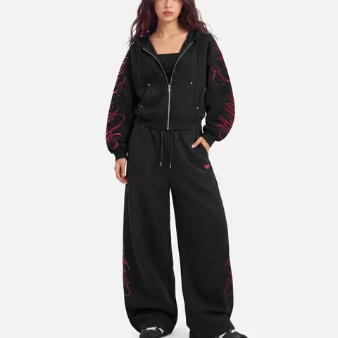 Aelfric Eden Boxy Embroidery 2 Piece Tracksuit Set High Waist Red Gothic Script Embroidery Detail Boxy Cropped Zip Up Hoodie + Baggy Wide Leg Sweatpants Soft Fabric Y2K Streetwear Unisex Two Piece Outfit, Tracksuit Sweat Suits, Sweatsuit Sets, Sportswear