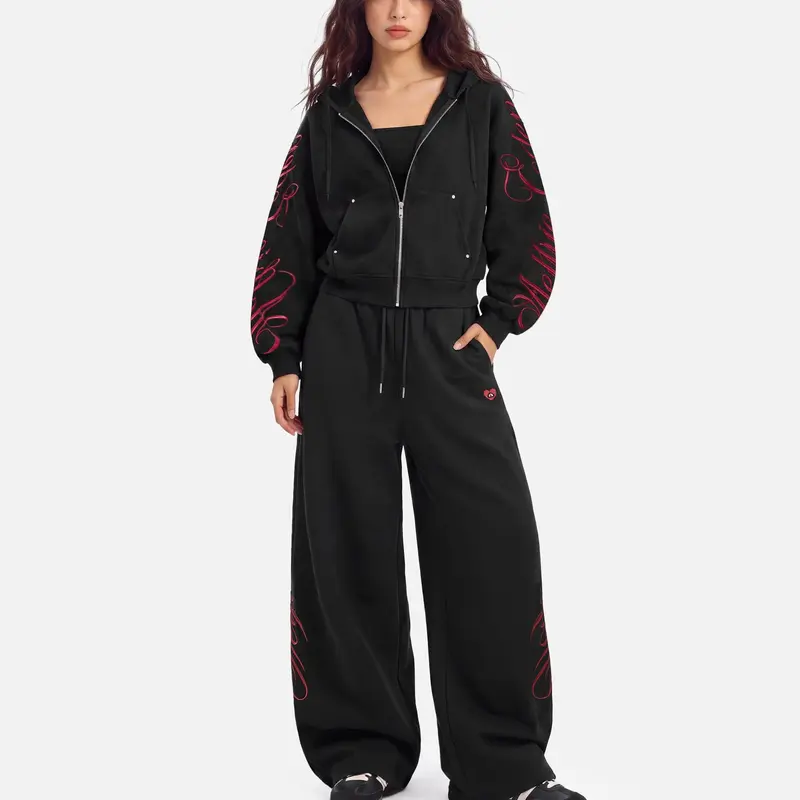 Aelfric Eden Boxy Embroidery 2 Piece Tracksuit Set High Waist Red Gothic Script Embroidery Detail Boxy Cropped Zip Up Hoodie + Baggy Wide Leg Sweatpants Soft Fabric Y2K Streetwear Unisex Two Piece Outfit, Tracksuit Sweat Suits, Sweatsuit Sets, Sportswear