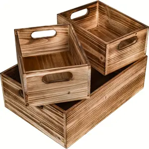 3-Piece Natural Solid Wood Storage Crates, Rustic Nesting Organizer Boxes with Handles, Eco-Friendly & Durable for Home, Kitchen