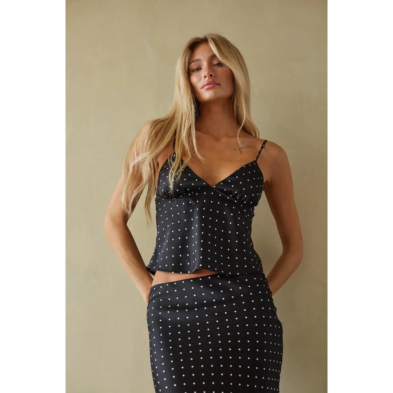 Women's Fitted Demi Satin Polka Dot Spaghetti Strap Tank Top, Matching Strap Style Camisole