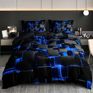 2/3PCS cool blue square geometric pattern quilt cover set (1 quilt cover + 1/2 pillowcase does not contain quilt core pillow core), four seasons home dormitory high definition printing, Modern Bedding Set
