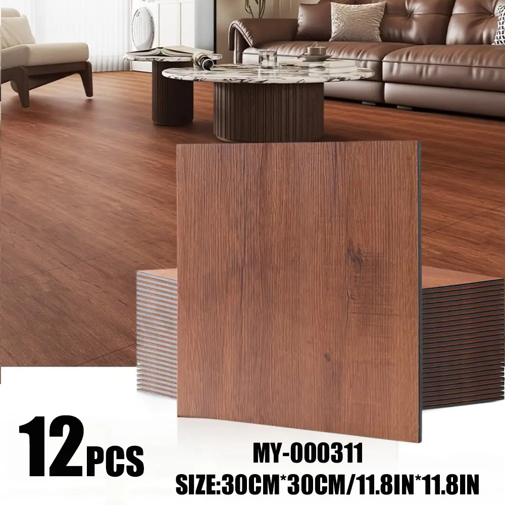 12-Piece Thick Luxury Vintage Wood Texture Self-Adhesive Floor Tiles, PVC Base, Non-Slip Durable, Kitchen Bathroom Living Room Bedroom Hallway