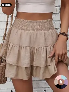 2026 Spring Summer Women's High Waisted Tiered Ruffle Mini Skirt, Elastic Smocked Waist A-Line Flowy Layered Skirt, Lightweight Casual Cute Short Skirt for Beach Party Daily Streetwear, Elastic Waist Skort, Ruffle Trim Skorts