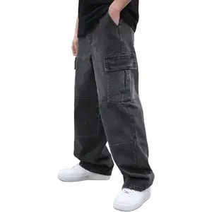 Mens Baggy Cargo Jeans Wide Leg Hip Hop Jeans Streetwear Loose Fit Pants Cotton FashionrZPN