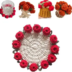 Crochet Rose Coaster, 1 Count Handmade Vintage Rose Flower Coaster, Soft Rose Flower Knitted Decorative Coaster, Coffee Table Mat, Home Decoration Gift
