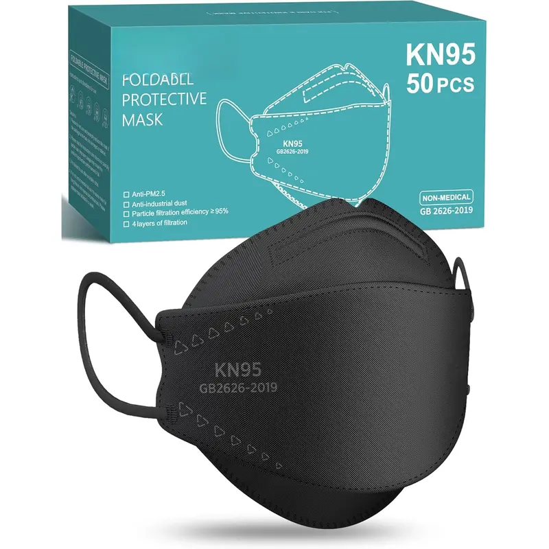 Adult Modern Synthetic KN95 Safety Masks, 50-Pcs Disposable 4-Layers of Filtration Face Coverings, Black, Wider Elastic Ear Loops, Adjustable Nose Clip, 95%+ Filter Efficiency, Breathable, Ideal for Daily Commutes & Protection