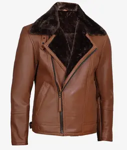 Men's Asymmetrical Zipper Cognac Shearling Leather Jacket with Brown Fur