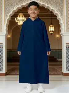 ✨Sunny & Minimalist Ethnic Boy! Solid Navy Blue Turn-down Collar Thobe, Bright Temperament Outfit