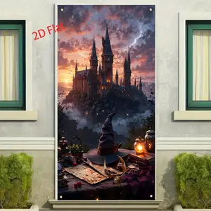 Hogwarts Castle Door Banner, Wizard Hat Wand Table Decor, Washable PU Fabric, Easy Installation, 70.87x35.43 Inches, Perfect for Parties & Photoshoots, Party Decorations Banners